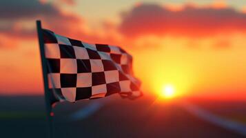 As the sun sets on the horizon the checkered flag flutters in the warm evening breeze signaling the end of a thrilling competition photo