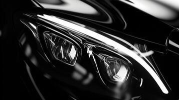 An abstract closeup of a monochrome headlight with a focus on the play of light and shadow on its curved surface photo