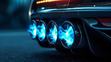 A slowmotion shot of a supercars exhaust pipes with thin yet bright blue flames flickering and dancing with each shift of the gears photo