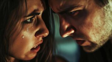 A couple arguing and on the verge of breaking up both with tears in their eyes photo
