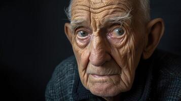 An elderly man staring blankly into the distance his expression showing a disconnect from his surroundings photo