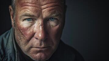A middleaged man with a scar on his forehead and a distant expression masking the emotional scars of abuse photo