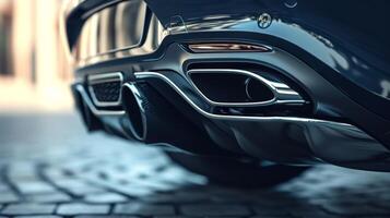 A focused shot of the cars muffler highlighting its size and design whether it has a clic circular shape or a more modern rectangular one photo
