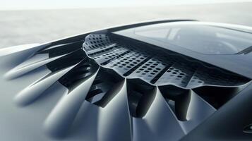 A high angle shot zooms in on the top of a cars trunk revealing a gridlike pattern of vortex generators. These devices work together to create a lowpressure area behind th photo