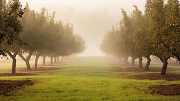 A thick layer of fog blankets the orchard, creating a hazy and otherworldly landscape. photo