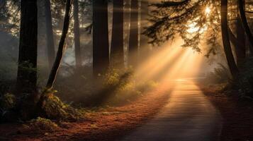 As the sun struggles to break through the fog, it creates a beautiful display of light and shadows along the nature path. photo