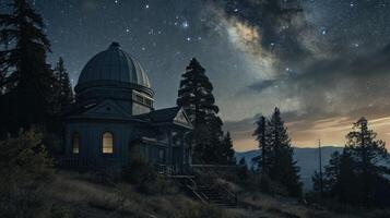 An abandoned observatory, its telescope trained towards the vast expanse of the night sky, abandoned by its human inhabitants but still full of wonder and mystery. photo