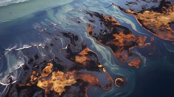 A birds eye view of a catastrophic oil spill, stretching as far as the eye can see from above. photo