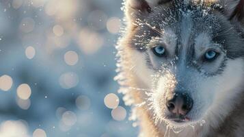 Closeup of a playful husky pup its adorable face adorned with frosty ice crystals clinging to its delicate whiskers photo