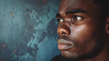 A young African American man his face a mixture of sadness and determination as he shares his experiences of discrimination and his commitment to creating change photo