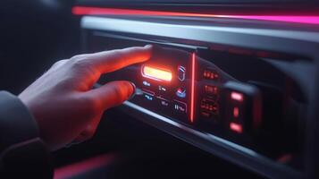 Macro shot of a users hand scrolling through a futuristic control panel on a touchscreen embedded into the door handle of a car allowing for easy access to various feature photo