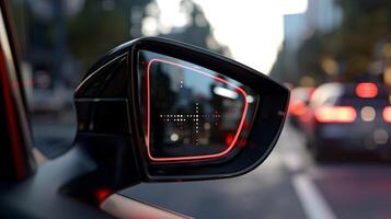 A closeup of a side mirror showcases an animated Cross Traffic Alert icon indicating that the car is equipped with a system that helps detect cars ping by while backing ou photo