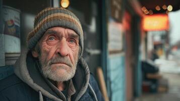 A homeless man stands outside a closed soup kitchen highlighting the unequal access to resources during times of crisis photo