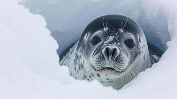 Closeup of a Weddell seals large dark eyes peeking curiously above the edge of an ice hole its nose and whiskers covered in snow photo