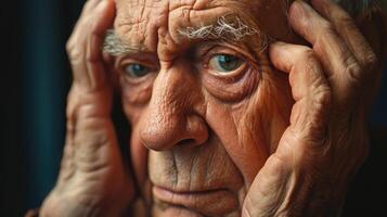 An older gentleman with a furrowed brow his hand pressed to his temple as he tries to recall a name photo