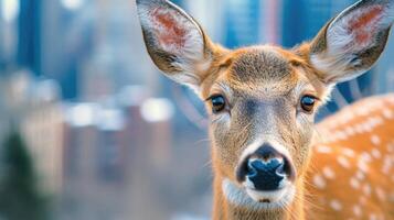 Closeup of a curious deer exploring its urban habitat with the impressive cityscape as its backdrop. The deers inquisitive eyes seem to take in every detail of its surroundings photo