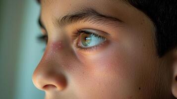 A teenage boy with a scar on his cheek and a distant look in his eyes as he reflects on the journey that brought him to seek asylum photo