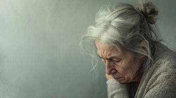 An older woman hunched over with a defeated look struggling with internal insecurities photo