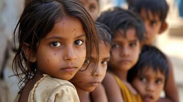 A group of children playing together one child standing on the outskirts with a look of longing and isolation on their face photo
