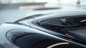 A closeup of the smooth curved edges of a cars windshield specifically designed to minimize air resistance and improve fuel efficiency photo