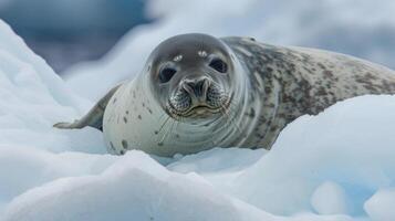 Closeup of a solitary Ross seal resting on a chunk of melting ice its head turned towards the camera with a curious expression photo