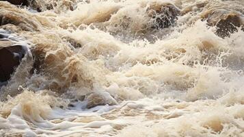 The chaotic and forceful movement of fastflowing floodwater, captured in a closeup shot. photo