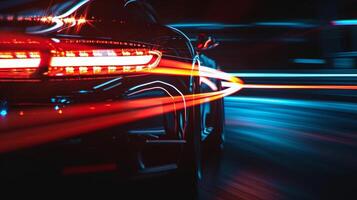A closeup shot of a cars headlights ting through the darkness leaving a trail of blurred light as it races into the night photo