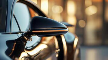 Detail shot of a cars side mirror highlighting its small and aerodynamic design that reduces drag and helps with overall fuel economy photo