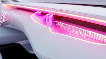 A closeup of a dashboard with a seamless and minimalistic design featuring a highgloss white finish and neon pink lights. The smooth curves and glowing neon elements creat photo