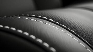 A closeup shot captures the contrast stitching on the seat with a bold white thread creating a striking outline around the edges of the dark leather fabric photo