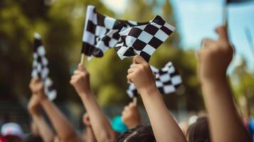 The camera zooms in on a of childrens hands each holding onto a small checkered flag and waving it with all their might photo