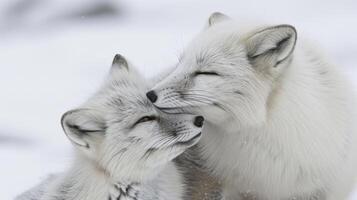 Closeup of a young Arctic fox kit nuzzling against its mothers fur its content expression revealing the strong bond between parent and child in the harsh Arctic environment photo