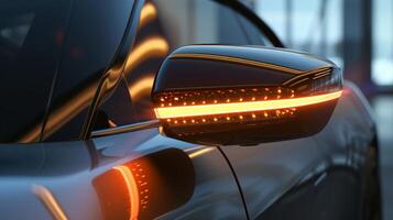 A closeup of the side mirrors antiglare coating highlights its modern and functional features reducing glare and ensuring safe driving in bright or low light conditions photo