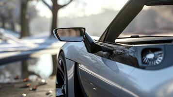 The camera focuses on the rearview mirrors which are small and streamlined to minimize wind resistance and ensure a smooth and efficient ride photo