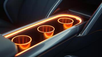 A closeup of the cup holders showcases a soft orange neon light adding a warm and inviting glow to the overall mood of the car photo