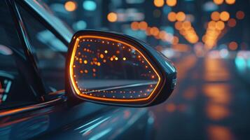 The camera pans over to a side mirror where an animated blind spot indicator appears alerting the driver of potential hazards in their blind spot photo