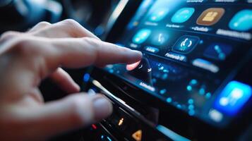 Closeup of a finger scrolling through the cars app store on the touchscreen. The fluid motion and responsive touch make it easy to browse and download various apps for entertainmen photo