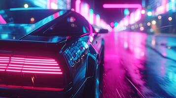 Closeup footage of the back of the car featuring a flashy light show with strobe lights and lasers projecting from the rear windshield photo