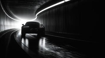 Tight shot of car headlights illuminating a portion of the tunnel wall creating a shadowy silhouette of the car as it pes through. The light and shadow play is almost hypnotic photo
