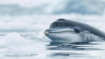 Closeup of a curious Minke whale peering its head above the icy surface with its intricate white and light gray markings on full display photo