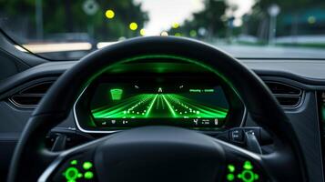 The camera zooms in on the steering wheel of a car showing the Adaptive Cruise Control on illuminated with a green light indicating that the safety system is active photo