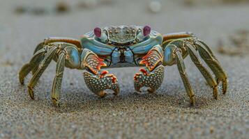 Closeup of a small crabs armored body adorned with patterns of muted green and red stling across the smooth sand photo