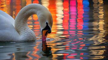 Closeup of a swans curved neck as it gracefully dips its head into the river creating ripples that reflect the different colors of the city bridge lights photo
