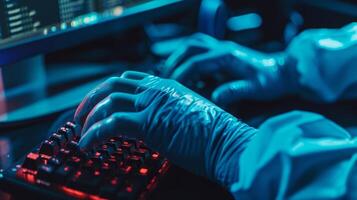 A pair of gloved hands type quickly and silently on a black keyboard highlighting the importance of remaining undetected photo