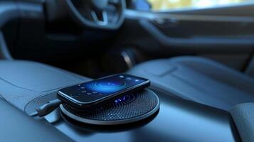 Upclose view of a cars wireless charging pad keeping devices powered up and ready to use while onthego photo
