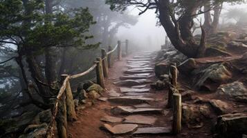 The fog on the hiking trail provides a sense of mystery and adventure, making every step forward a thrilling journey into the unknown. photo