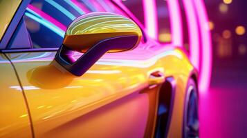 A detailed view of the side mirror accent on a sporty yellow car featuring a vibrant and eyecatching neon light that complements the bold color of the vehicle photo