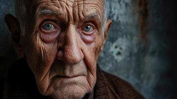 An elderly man with tears in his eyes his face contorted in anguish as he remembers the traumatic events from his past photo