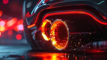 Up close the exhaust pipe glows with a fiery red and orange hue creating a fiery burst that captivates the viewer photo