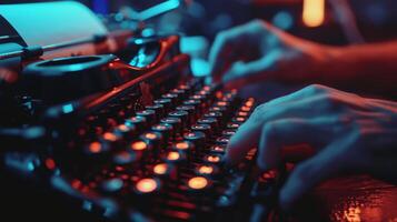 Closeup of a persons hand writing a message on a neonlit vintage typewriter the keys clicking and the neon glow adding to the nostalgic feel photo
